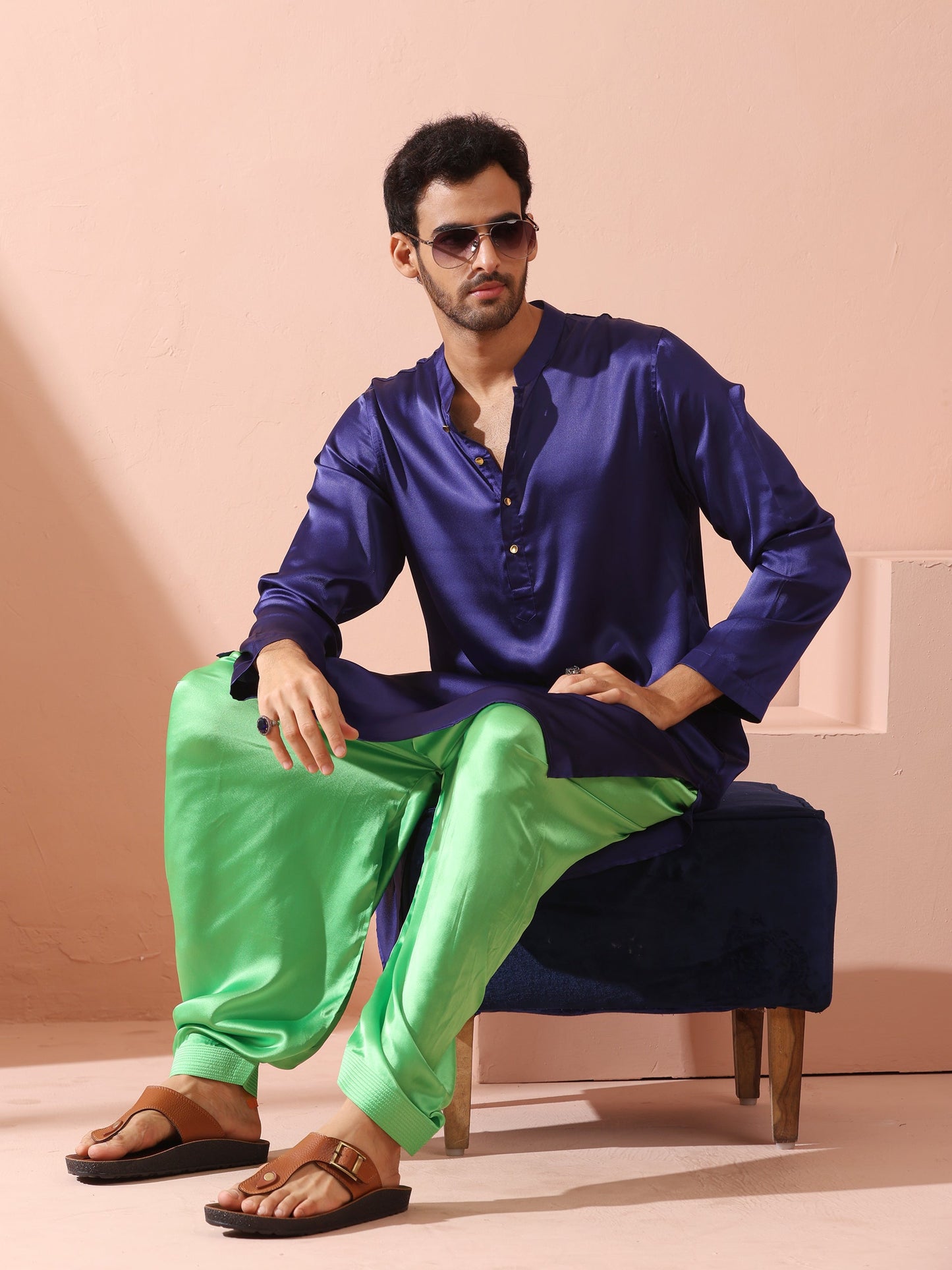 Dhiyona ST Defy Royal Blue Satin Kurta with Gold Buttons
