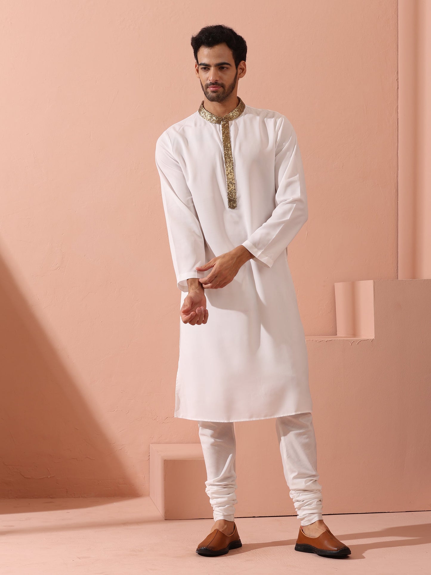 Dhiyona ST White & Gold Sequin Crepe Kurta with Hidden Placket