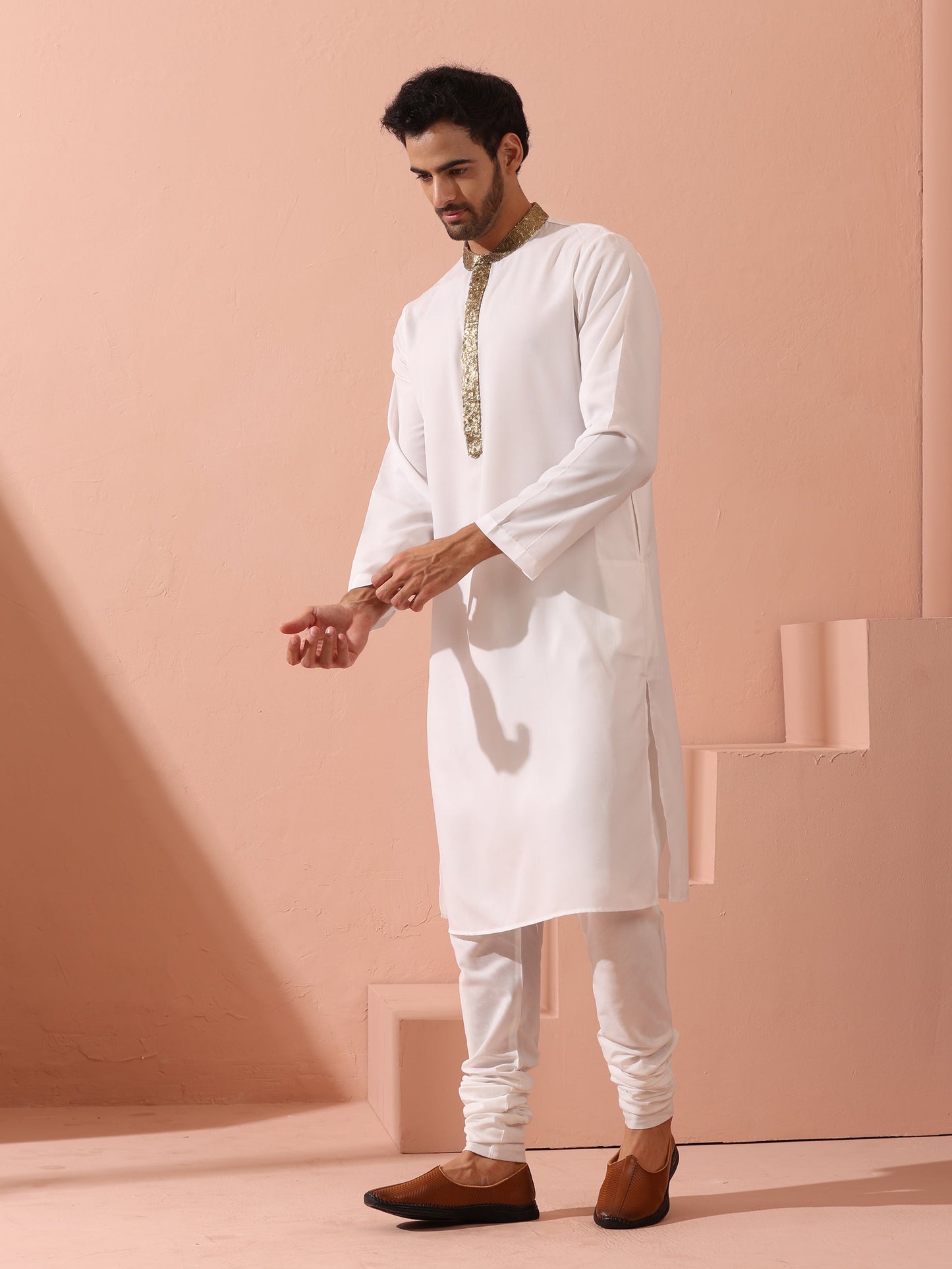 Dhiyona ST White & Gold Sequin Crepe Kurta with Hidden Placket