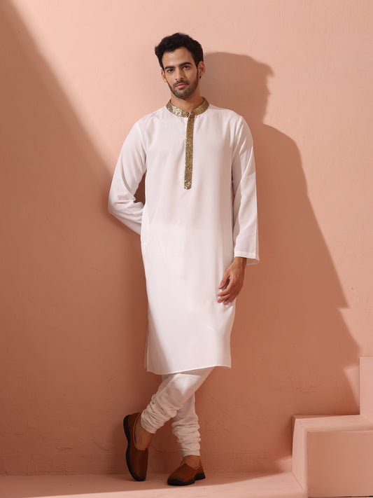 Dhiyona ST White & Gold Sequin Crepe Kurta with Hidden Placket