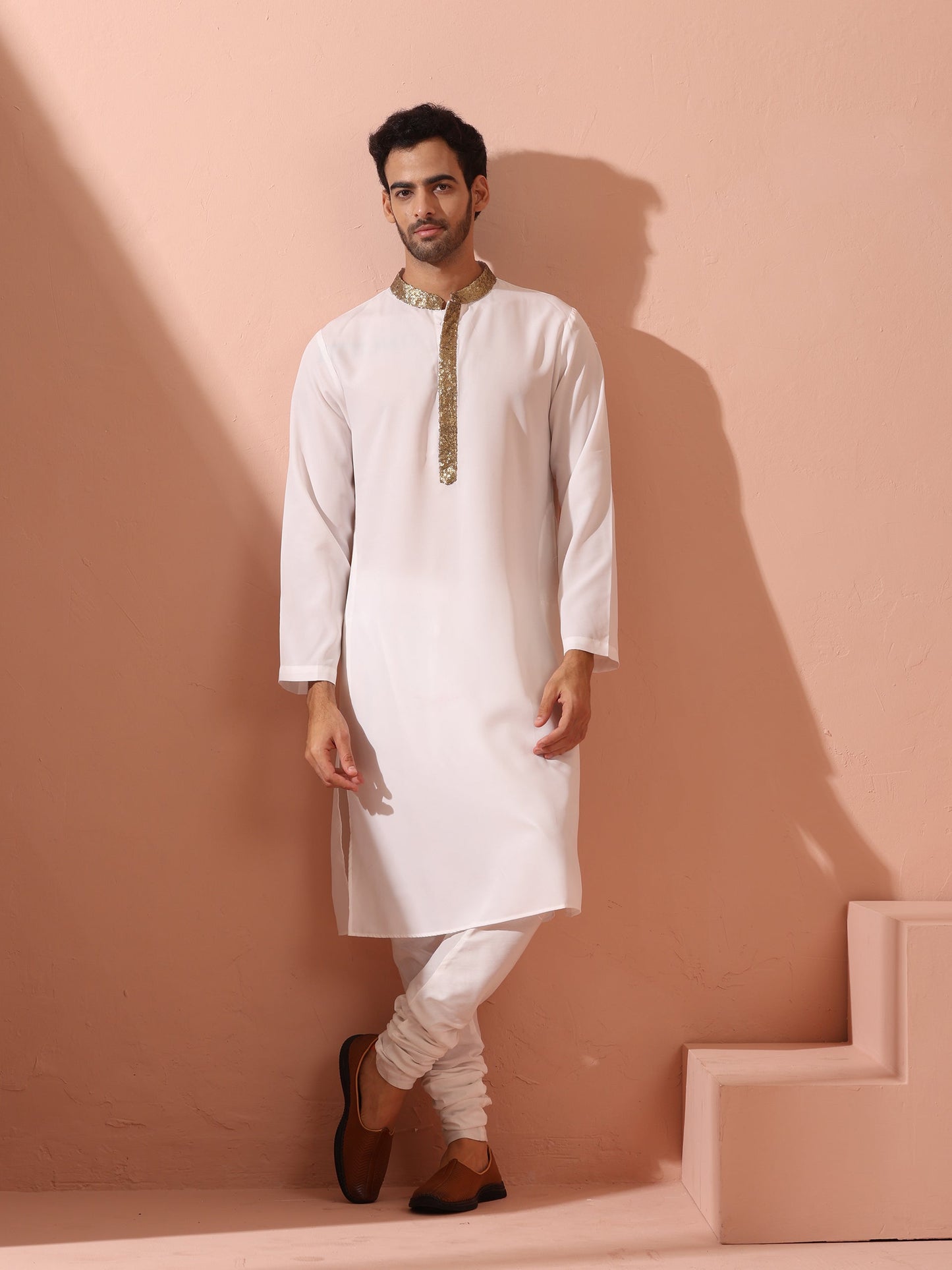 Dhiyona ST White & Gold Sequin Crepe Kurta with Hidden Placket