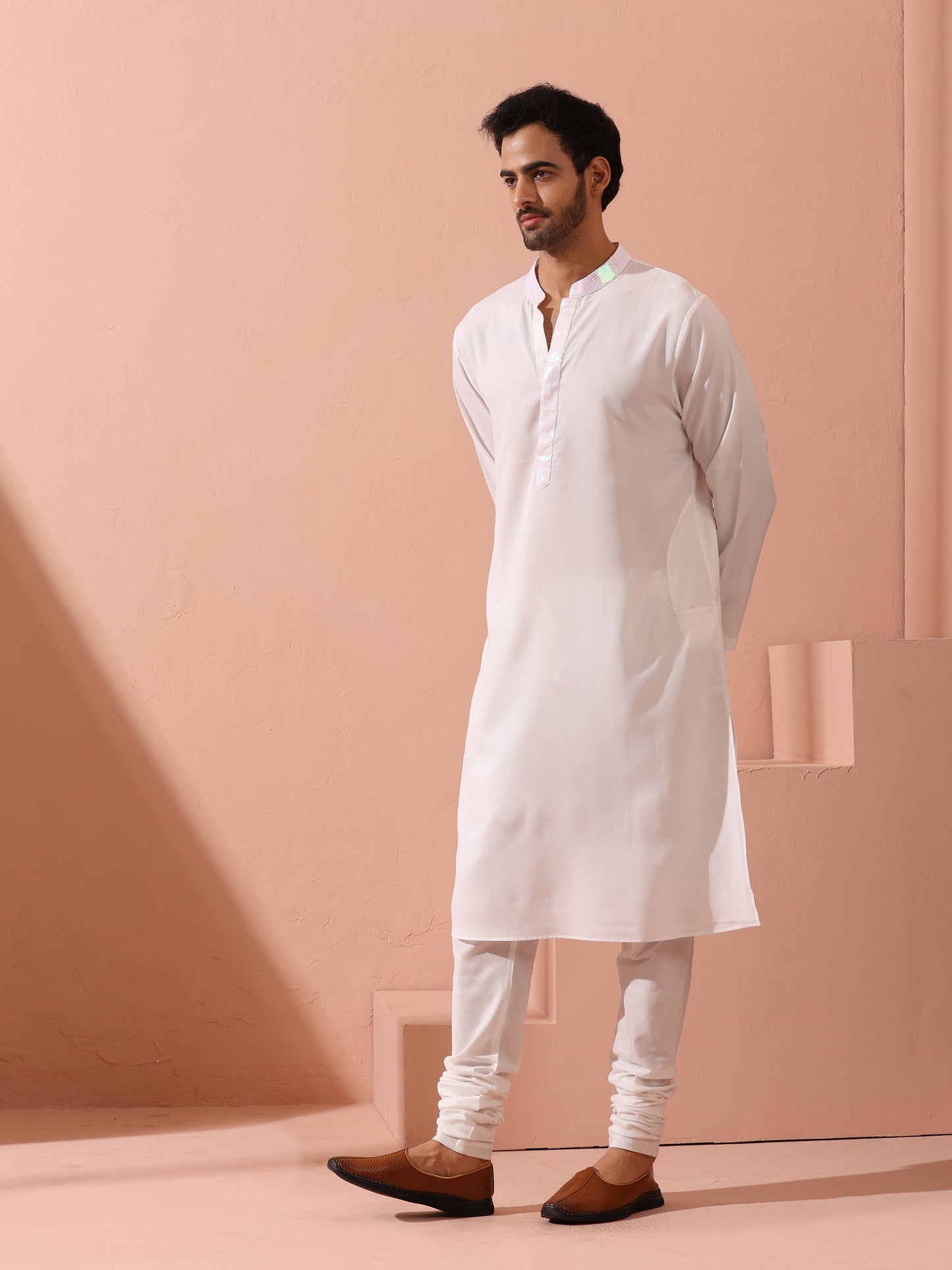 Dhiyona ST Dandy White Irridecent Sequin Crepe Kurta with Hidden Placket