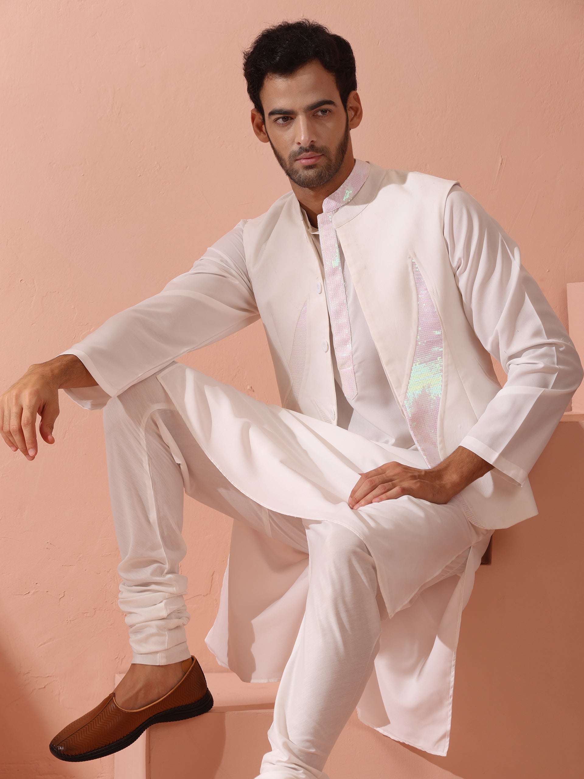 Dhiyona ST Dandy White Irridecent Sequin Crepe Kurta with Hidden Placket