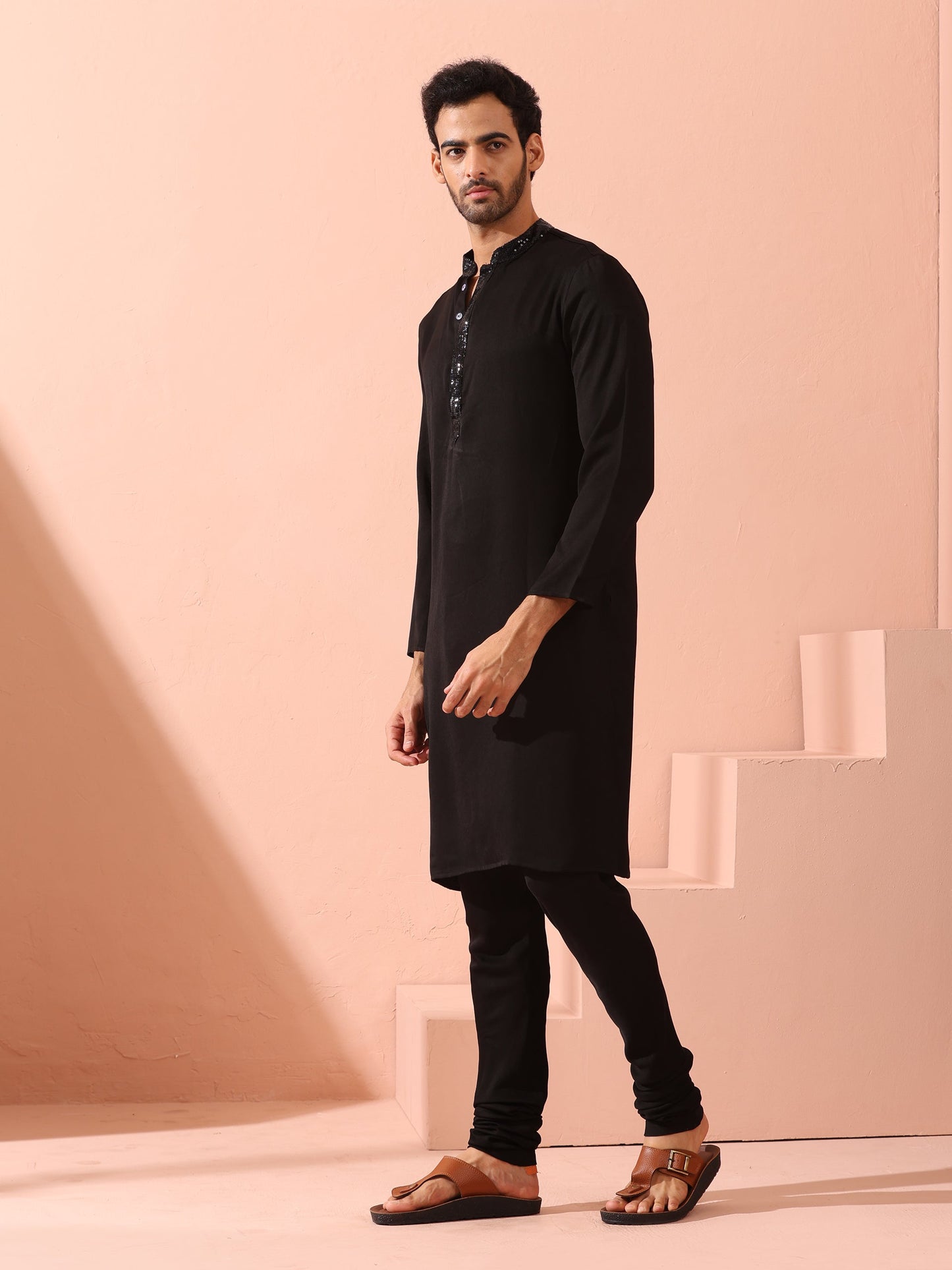 Dhiyona ST Tuxedo Black Korean Fabric with Sequin Placket Kurta
