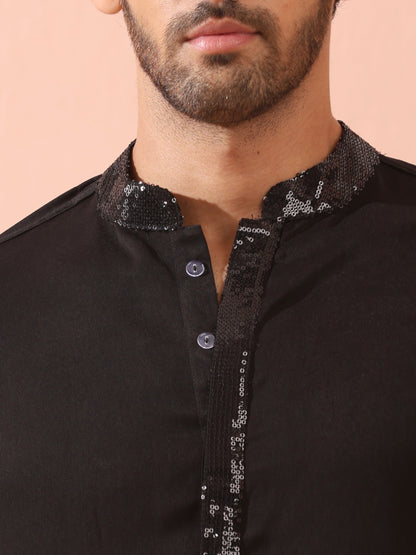 Dhiyona ST Tuxedo Black Korean Fabric with Sequin Placket Kurta