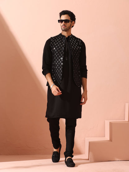 Dhiyona ST Tuxedo Black Korean Fabric with Sequin Placket Kurta