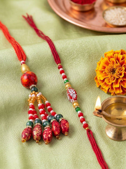 Dhiyona Set Of 2 Designer Red Artificial Beads Bhaiya Bhabhi Rakhi With Roli Chawal Chandan
