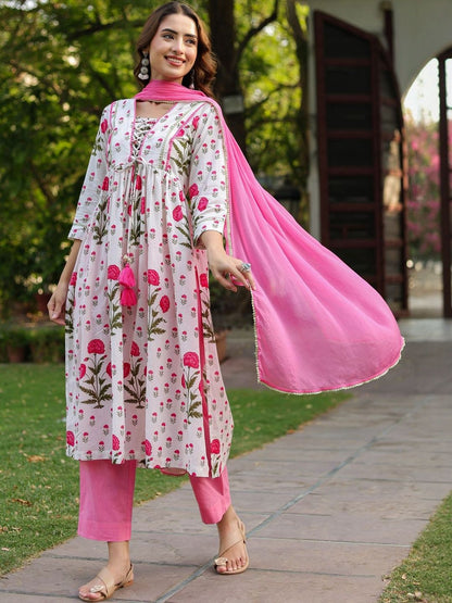 Dhiyona RR Women's Floral Printed Cotton Kurta with Trousers & Dupatta