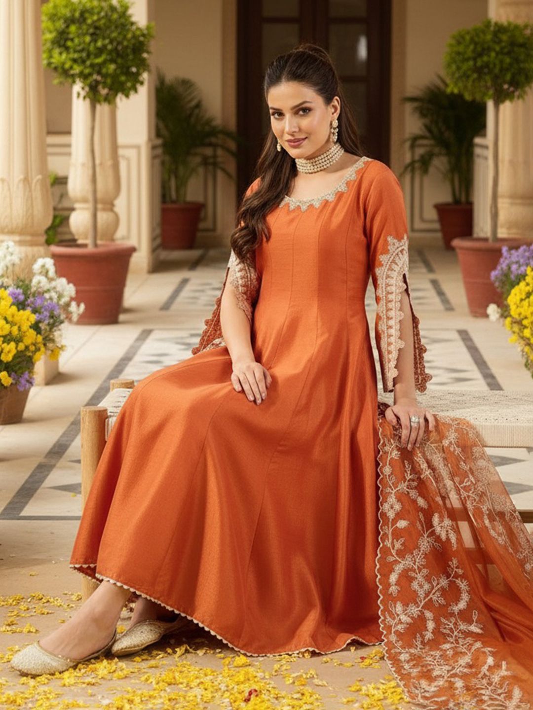 Dhiyona KL Women Solid Embroidered Thread Work Anarkali Kurta with Palazzos & With Dupatta