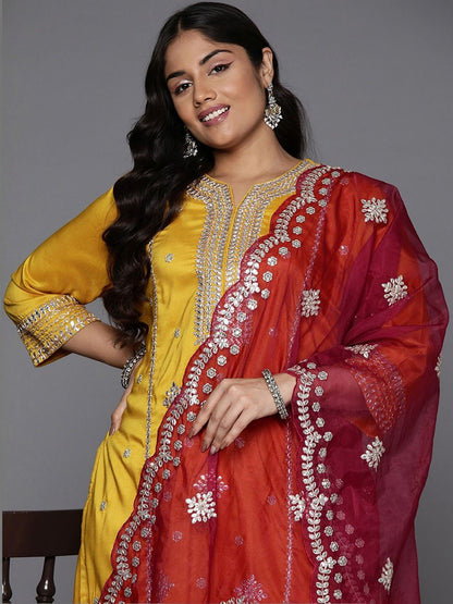 Dhiyona Women's Ethnic Motifs Embroidered Regular Kurta with Trousers & With Dupatta