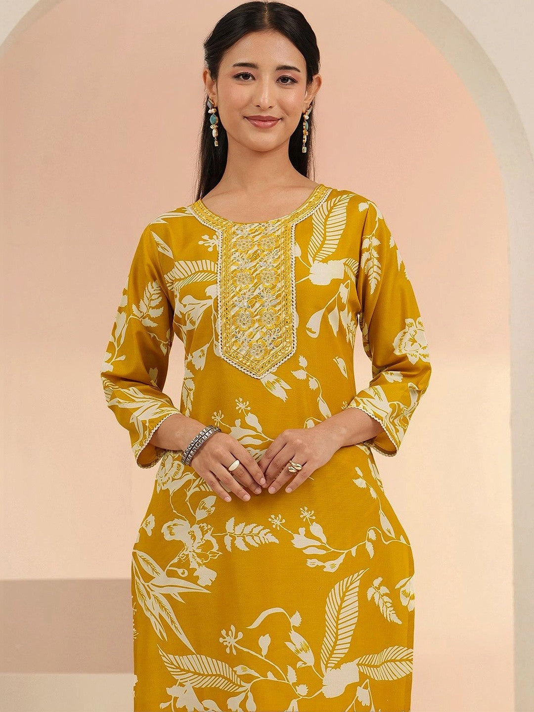 Mustard Floral Printed Cotton Blend Straight Suit Set