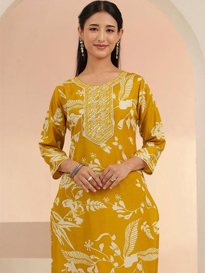 Mustard Floral Printed Cotton Blend Straight Suit Set