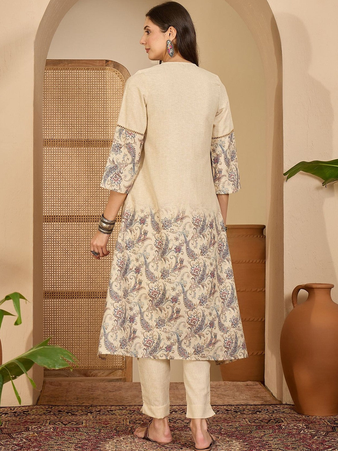 Floral Printed Round Neck A-Line Kurta & Trousers