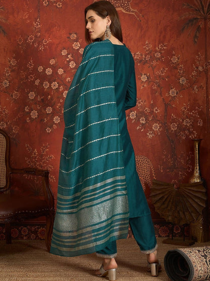 Women Ethnic Motifs Embroidered Regular Thread Work Kurta with Trousers & With Dupatta