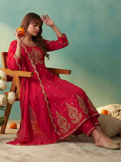 Dhiyona CH Women Ethnic Motifs Embroidered Regular Thread Work Kurta with Trousers & With Dupatta
