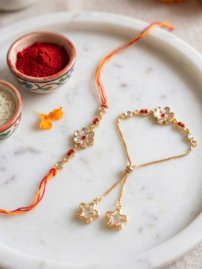 Dhiyona Set Of 2 Gold Toned Kundan Studded Bhaiya Bhabhi Rakhi