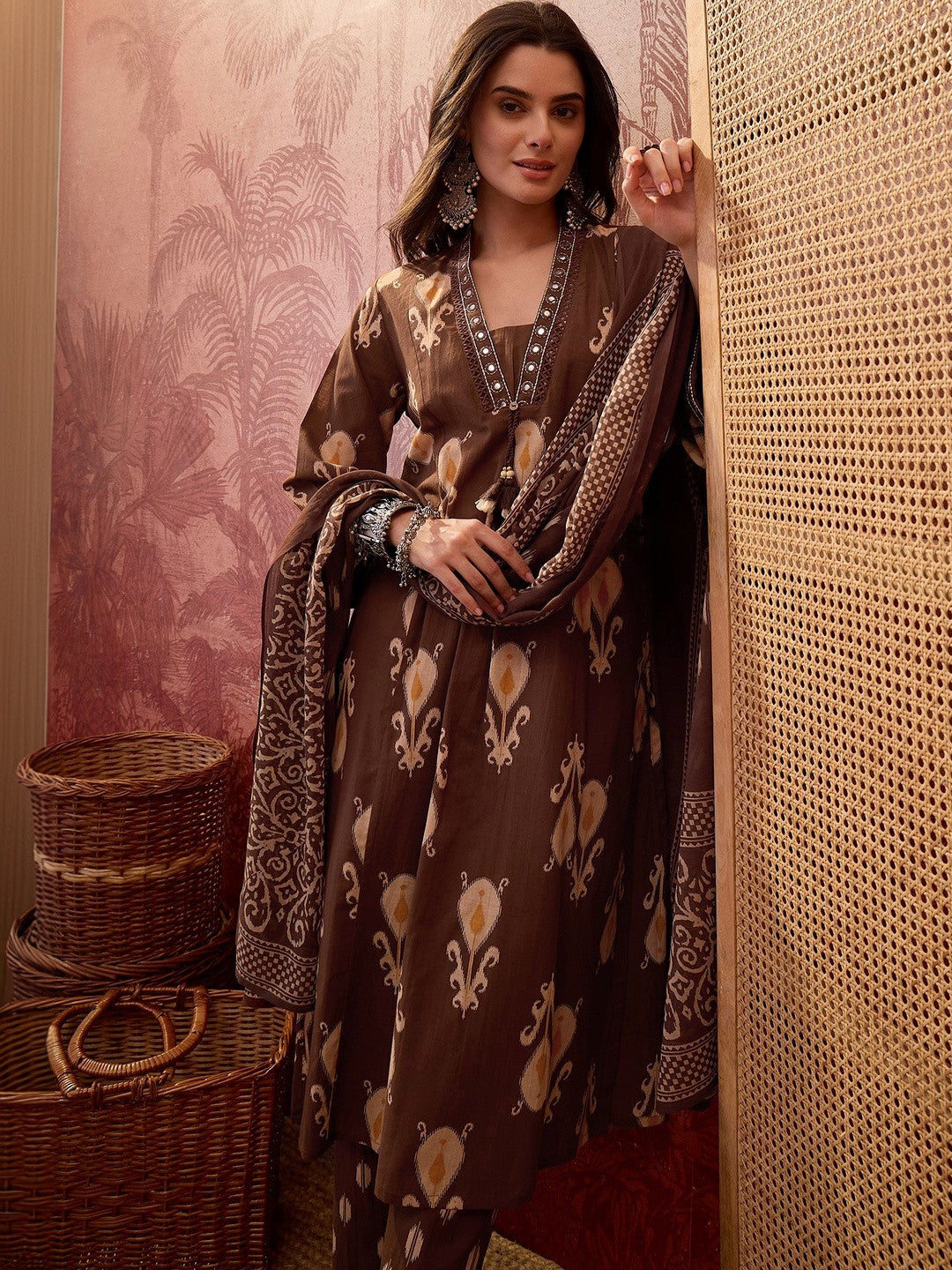 Women Ethnic Motifs Printed Regular Mirror Work Pure Cotton Kurta with Pyjamas & With Dupatta