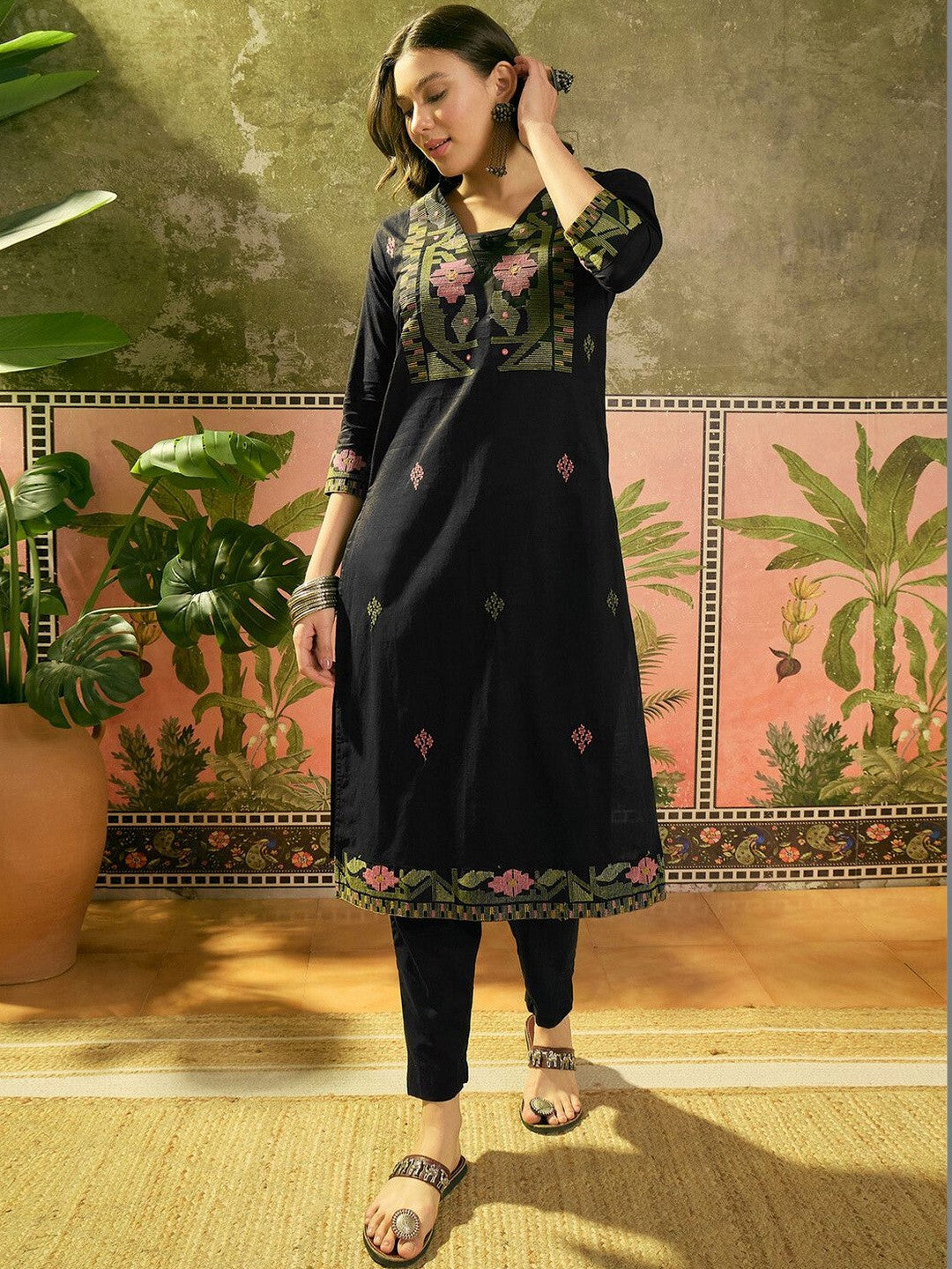 Embroidered V-Neck Kurta & Trousers with Dupatta