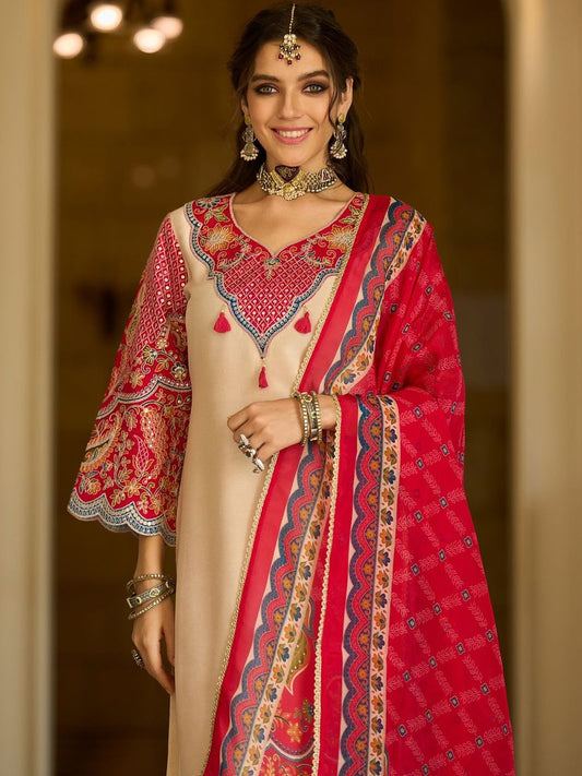 Ethnic Motifs Printed V-Neck Thread Work Kurta With Trousers & With Dupatta