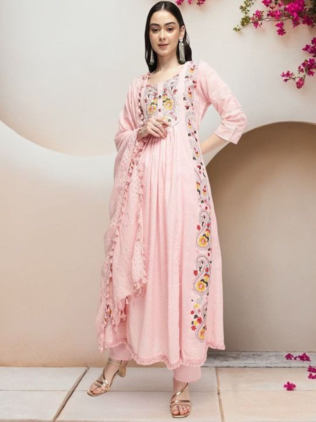 Dhiyona IS Women's Women Floral Embroidered Regular Pure Cotton Kurta with Trousers & Dupatta