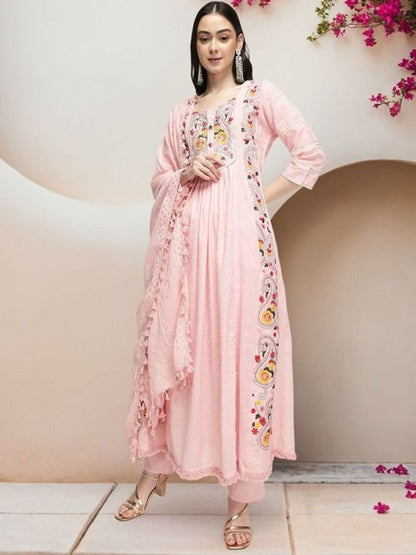 Dhiyona IS Women's Women Floral Embroidered Regular Pure Cotton Kurta with Trousers & Dupatta