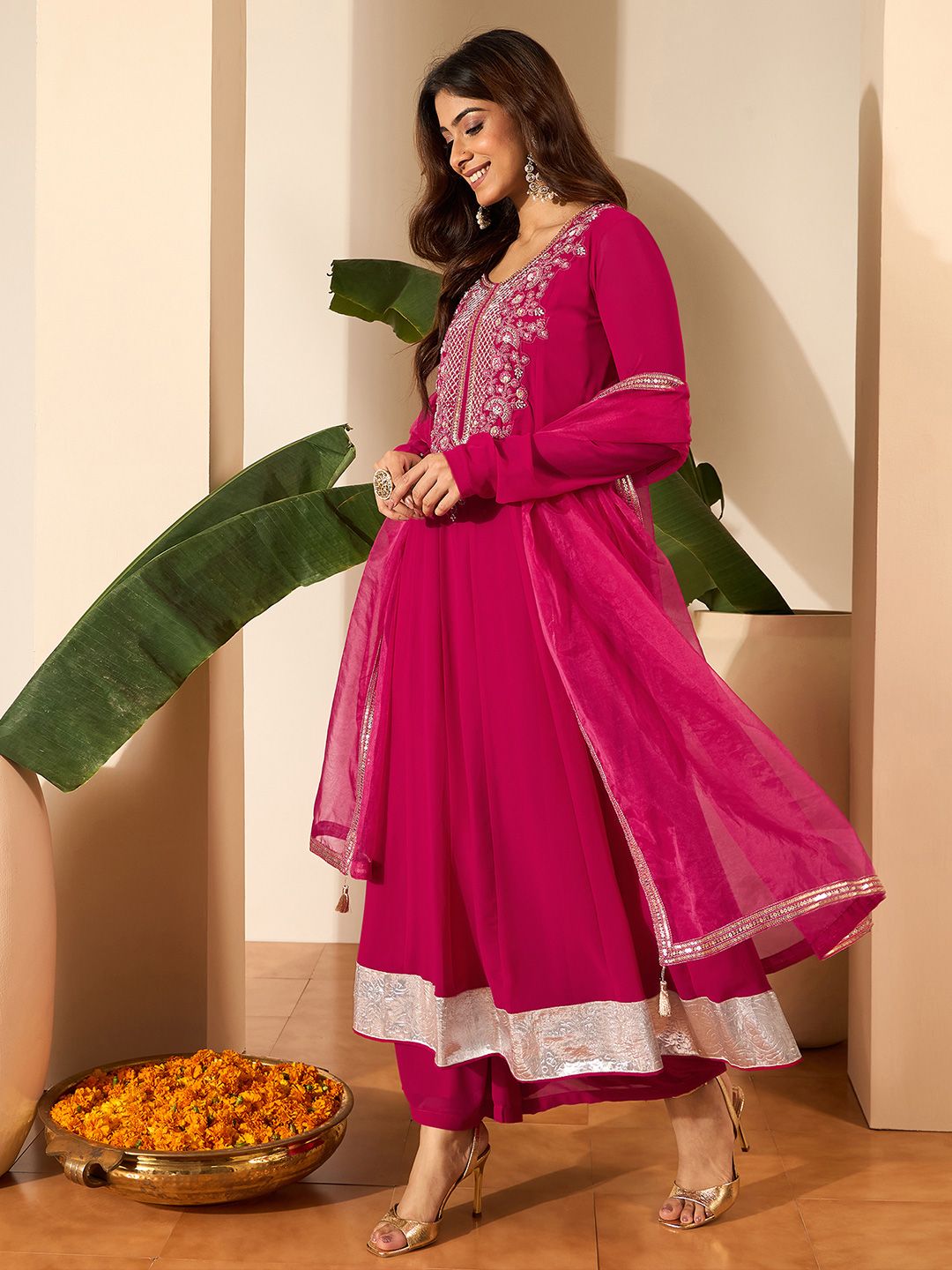 Dhiyona IN Floral Embroidered Anarkali Thread Work Kurta With Palazzos & Dupatta