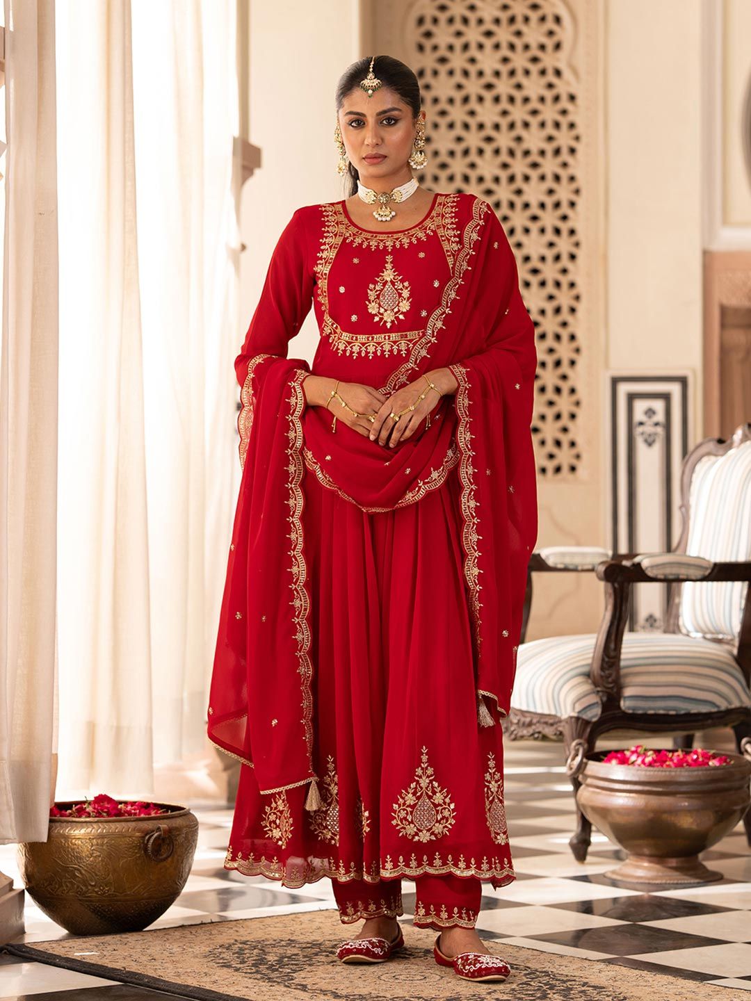 Dhiyona CH Women Floral Embroidered Pleated Mirror Work Kurta with Trousers & Dupatta