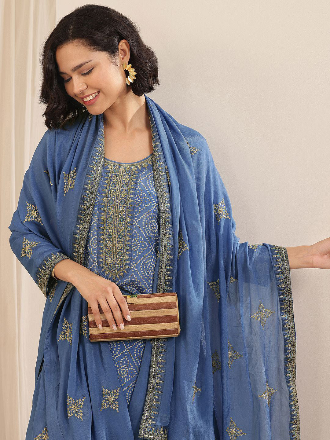 Bandhani Printed Round Neck Straight Kurta With Trousers & Dupatta
