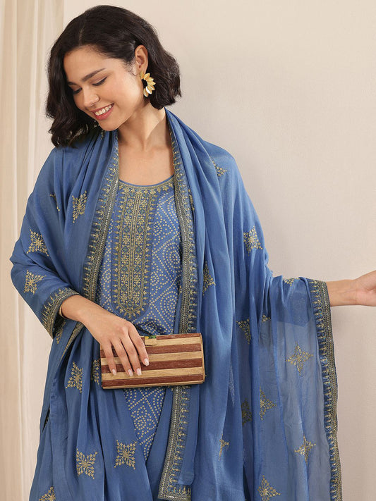 Bandhani Printed Round Neck Straight Kurta With Trousers & Dupatta