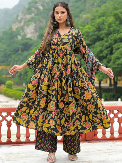 Dhiyona KL Floral Printed Straight Pure Cotton Kurta With Trouser & Dupatta