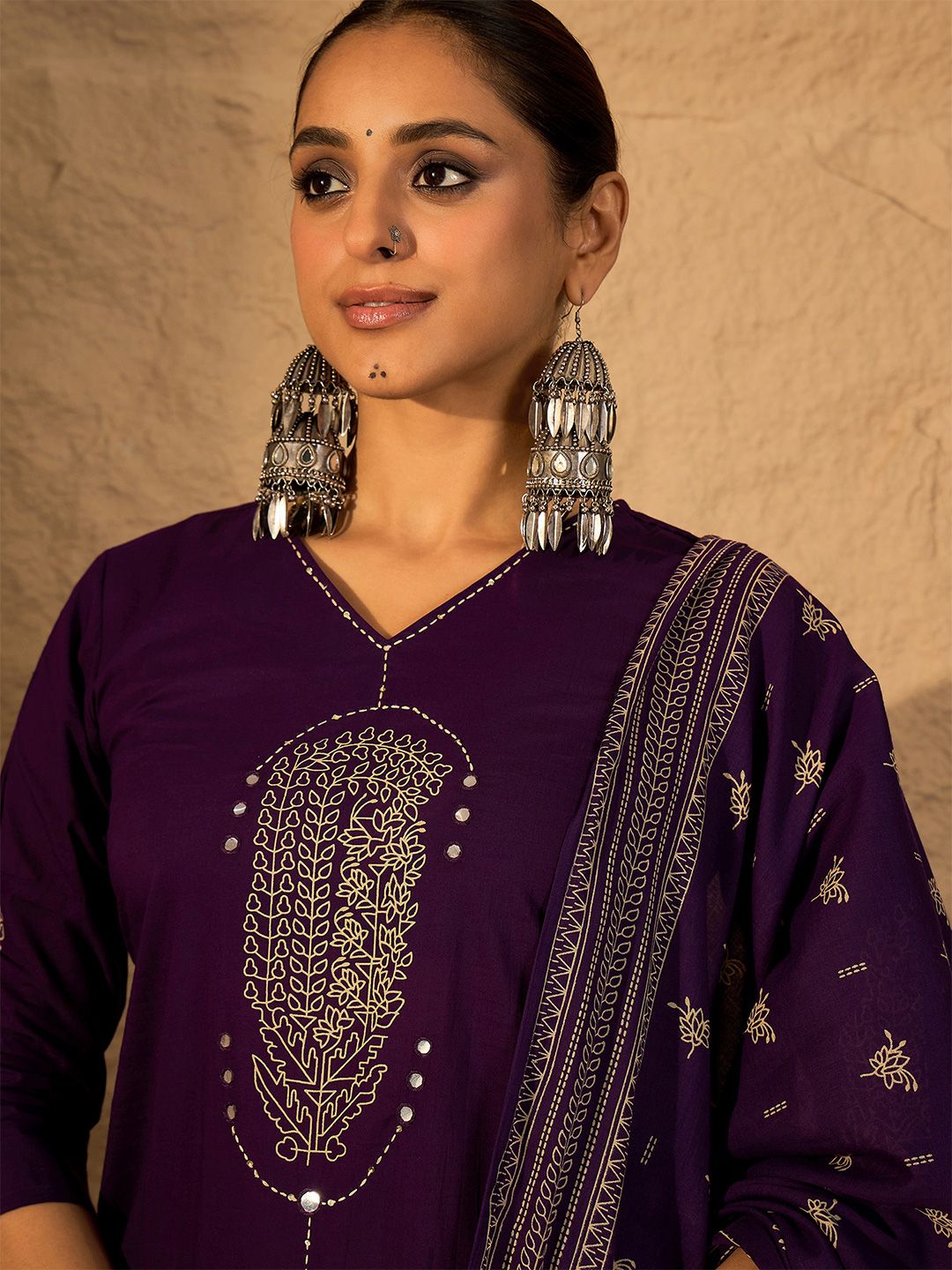 Dhiyona IE Women Floral Printed Mirror Work Pure Cotton Kurta with Trousers & Dupatta