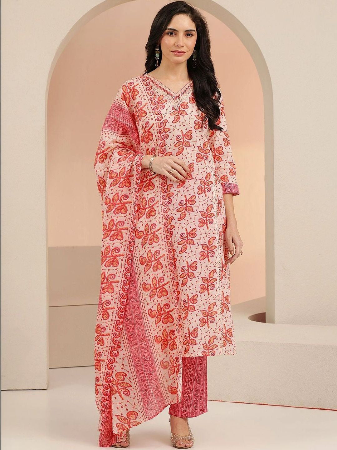 Off White Floral Printed Cotton Straight Suit Set