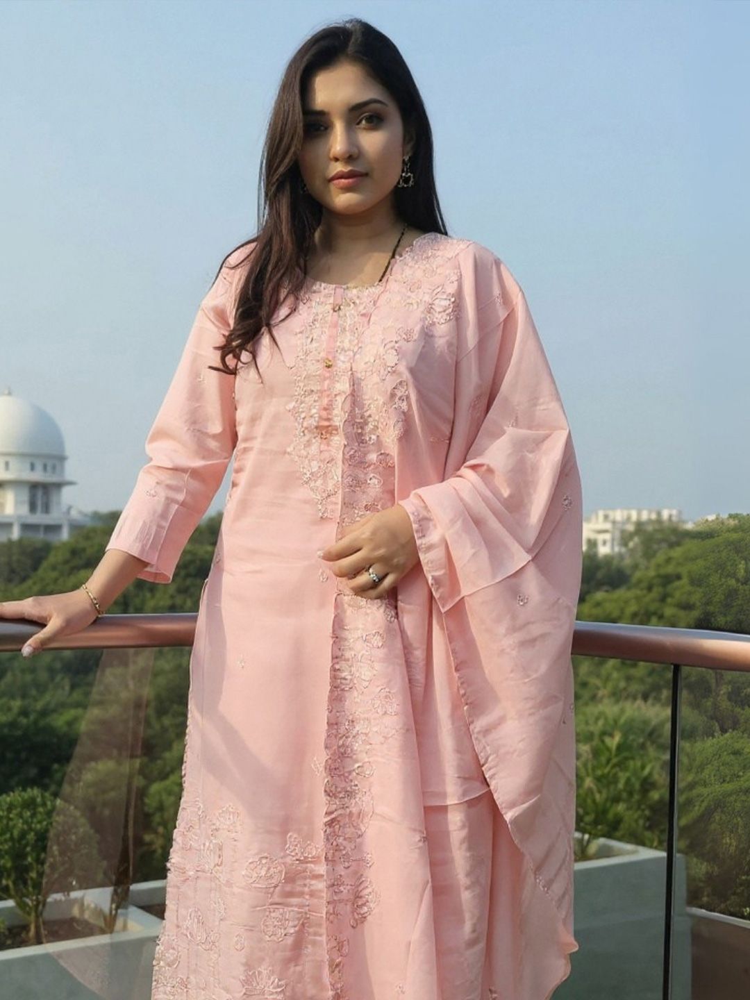 Dhiyona IE Women Floral Embroidered Cotton Kurta with Trousers & Dupatta