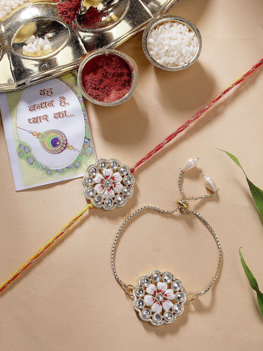 Dhiyona Unisex Set Of 2 Gold Kundan-Studded Bhaiya Bhabhi Rakhi Set With Roli Chawal
