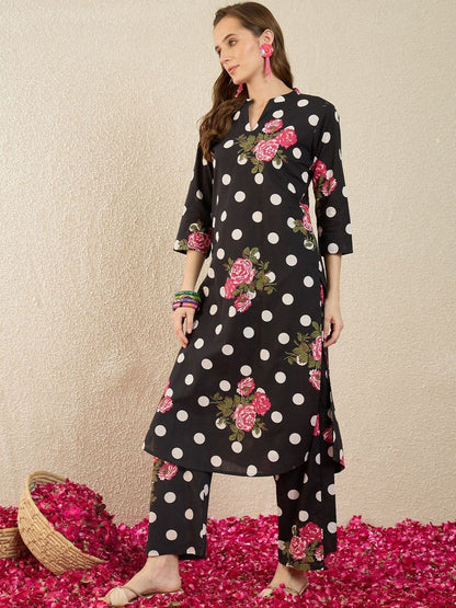Dhiyona IE Printed Mandarin Collar Three-Quarter Sleeves Pure Cotton Top With Trousers