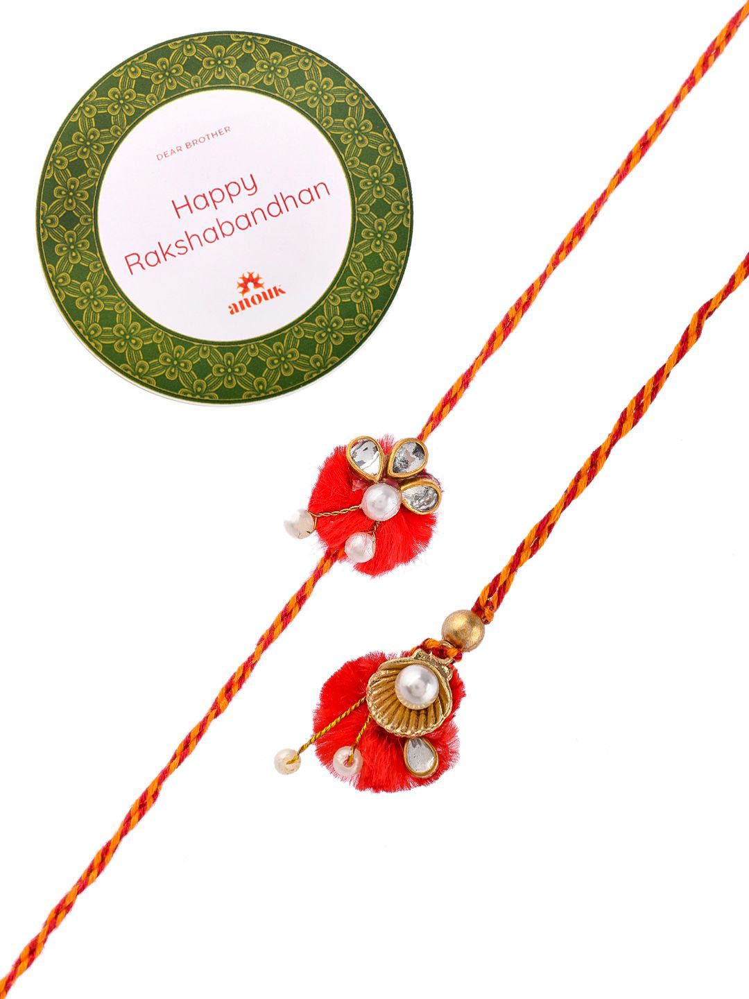 Dhiyona Red Pearl-Beaded Bhaiya Bhabhi Rakhi With Roli Chawal & Greeting Card