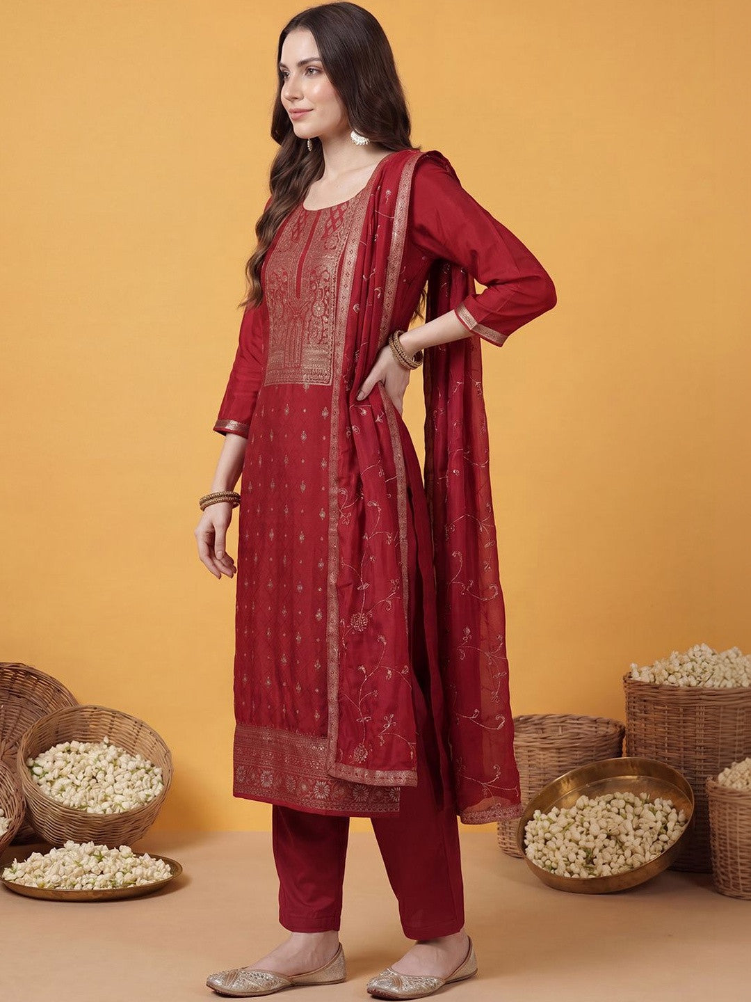 Women Ethnic Motifs Regular Kurta with Trousers & With Dupatta