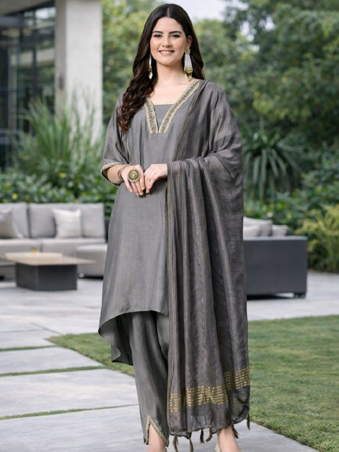 Grey Ethnic Motifs Yoke Design Beads & Stones A-Line Fusion Kurta Set