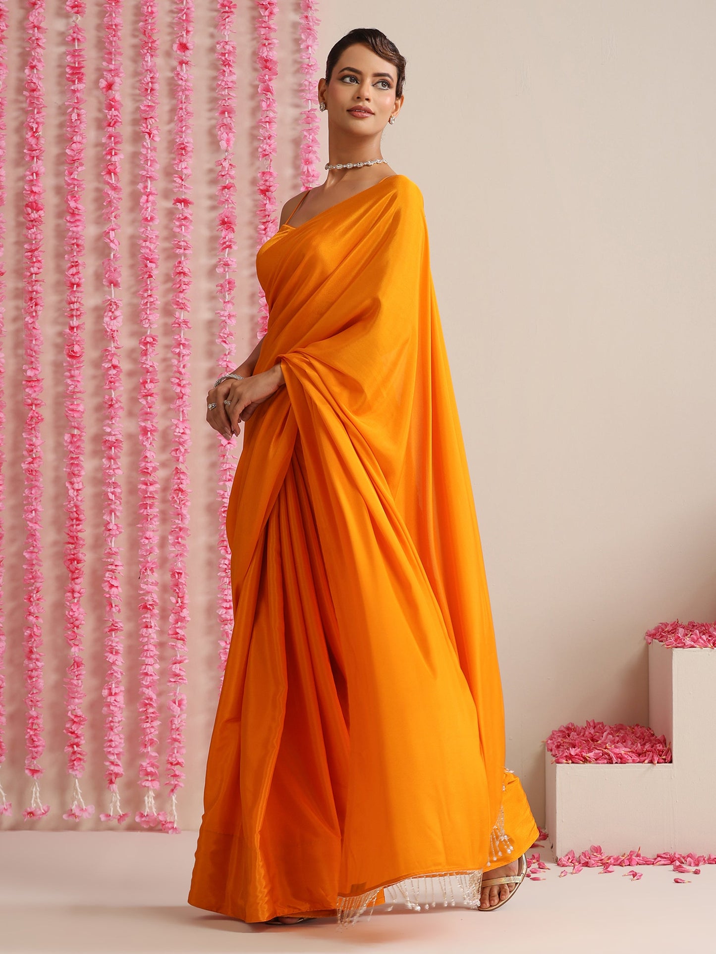 Dhiyona ST Foxy Orange Crepe Saree with Lace Drops