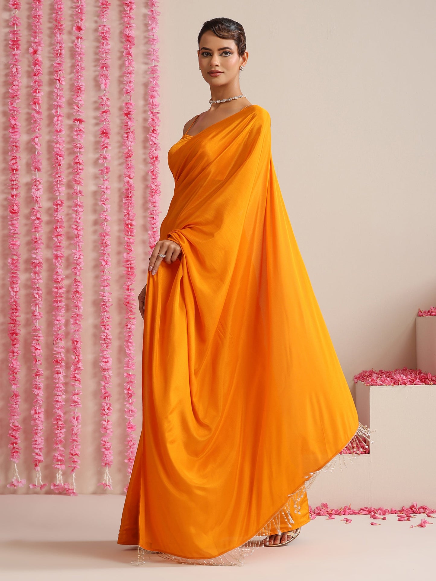Dhiyona ST Foxy Orange Crepe Saree with Lace Drops