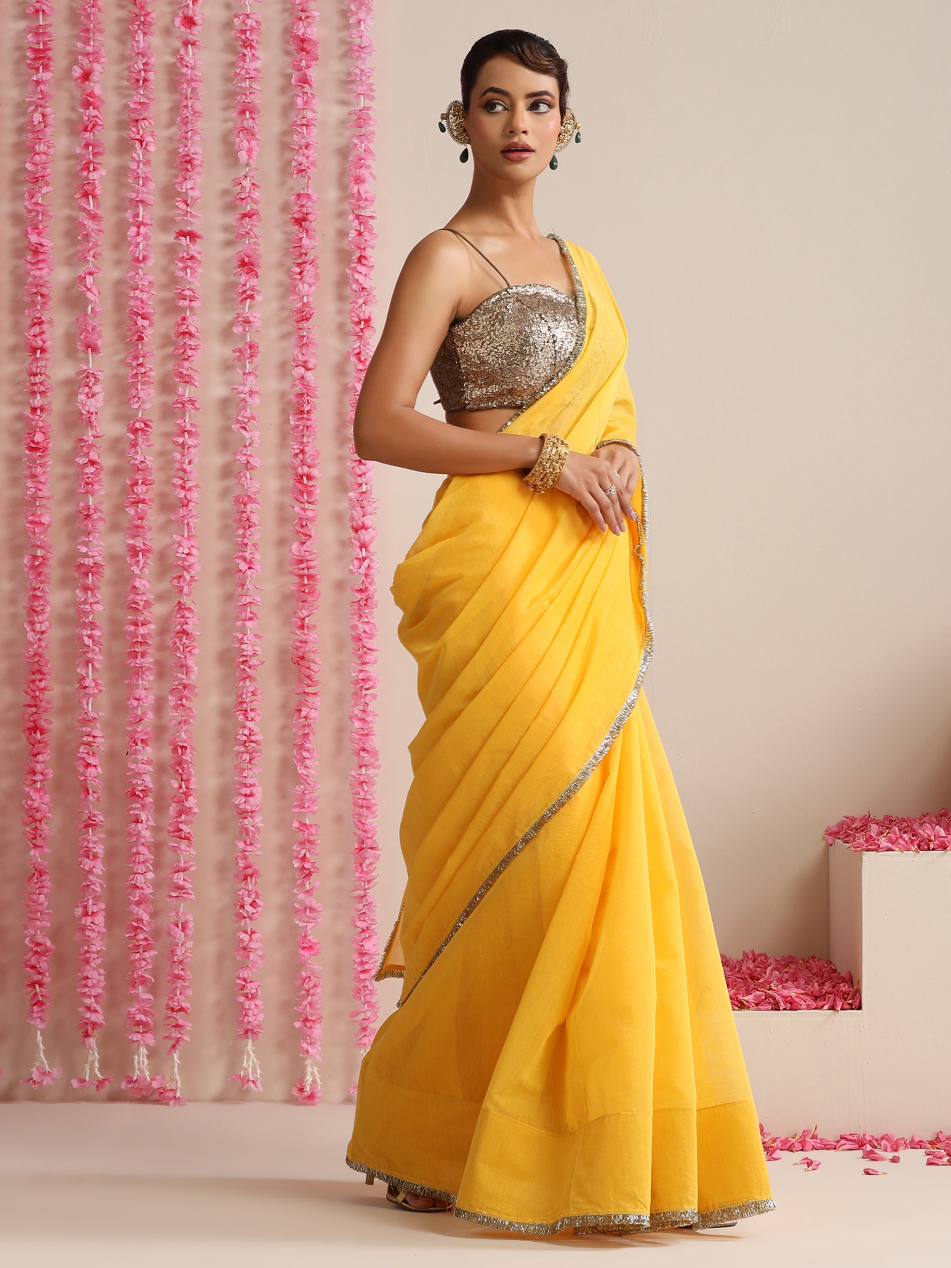 Dhiyona ST Yellow Cotton Chanderi Saree with Gold Border