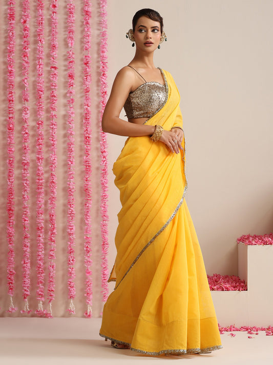 Dhiyona ST Yellow Cotton Chanderi Saree with Gold Border