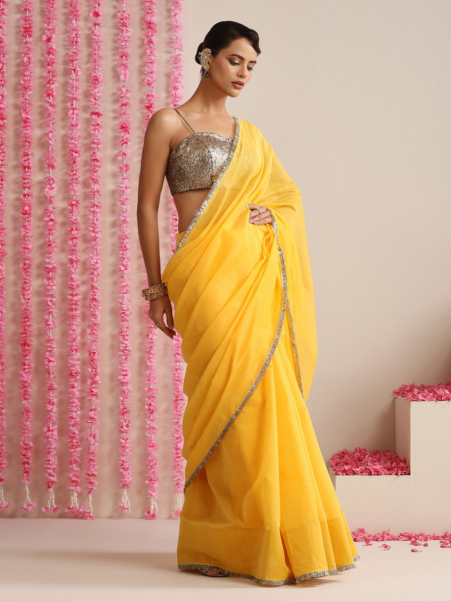Dhiyona ST Yellow Cotton Chanderi Saree with Gold Border
