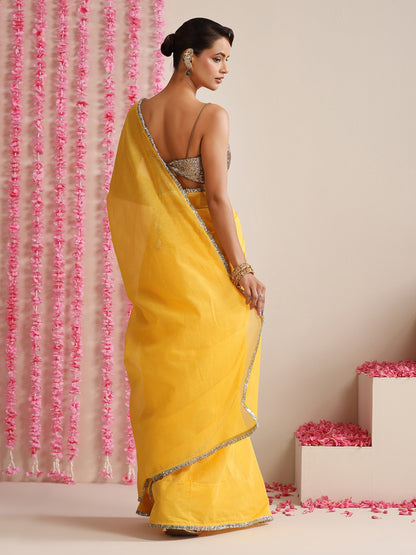 Dhiyona ST Yellow Cotton Chanderi Saree with Gold Border