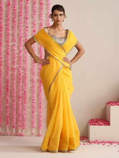 Dhiyona ST Yellow Cotton Chanderi Saree with Gold Border