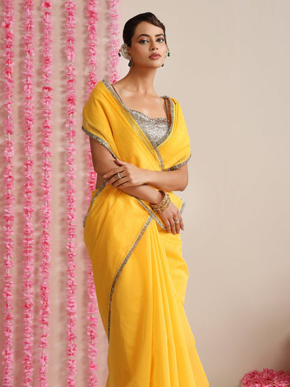 Dhiyona ST Yellow Cotton Chanderi Saree with Gold Border