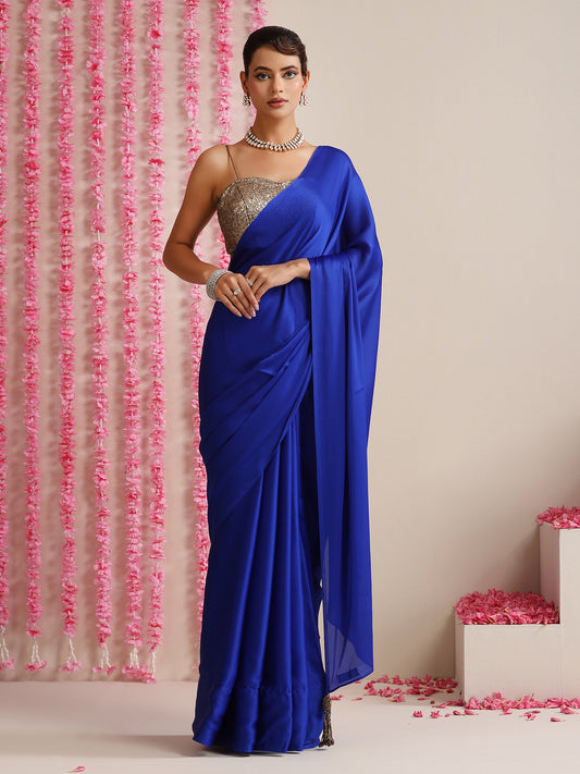 Dhiyona ST Electric Blue Solid chiffon Saree with Tassels & Matching Blouse Fabric