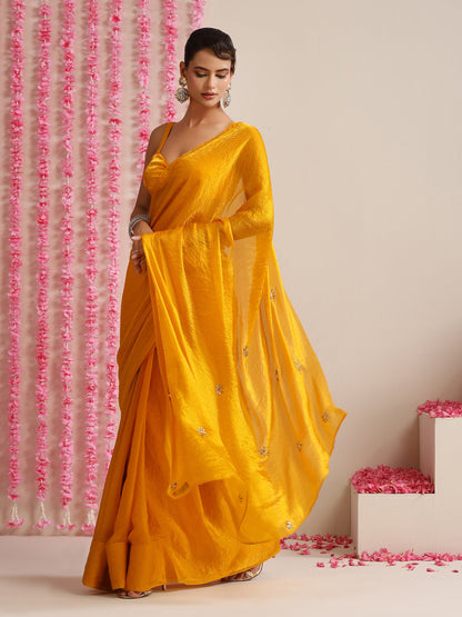 Dhiyona ST Yellow Metallic Satin Saree with Kundan Work