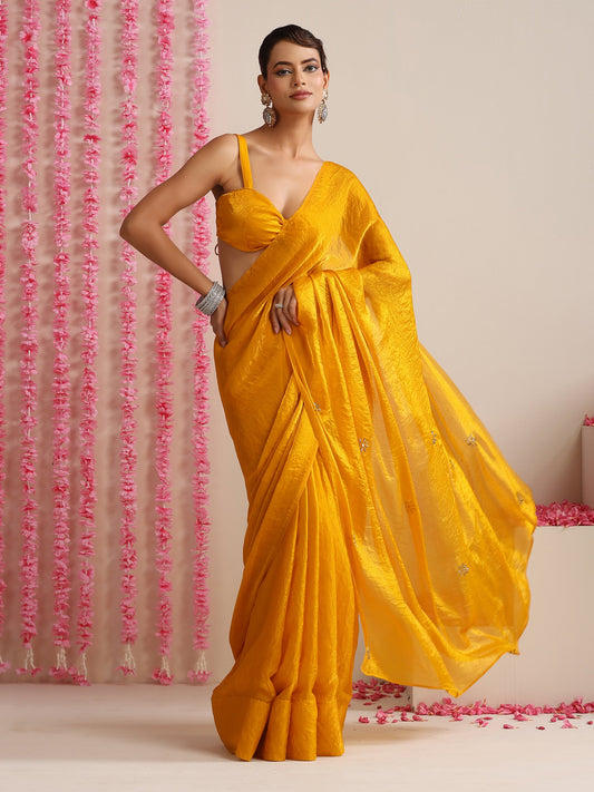 Dhiyona ST Yellow Metallic Satin Saree with Kundan Work