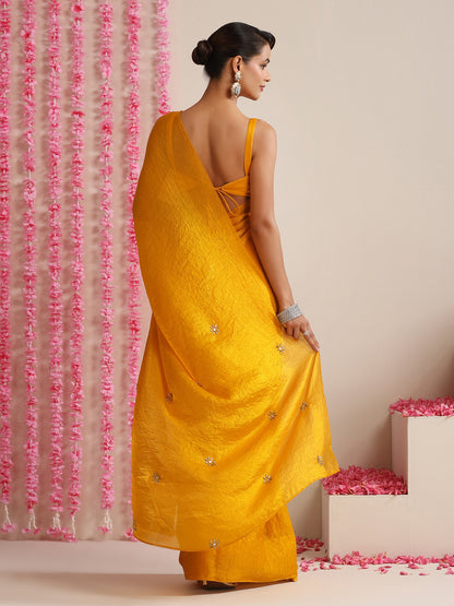 Dhiyona ST Yellow Metallic Satin Saree with Kundan Work